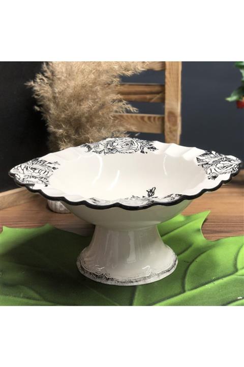 YNS COLLECTİON Rose -gül Desenli Seramik Ayaklı Meyvelik