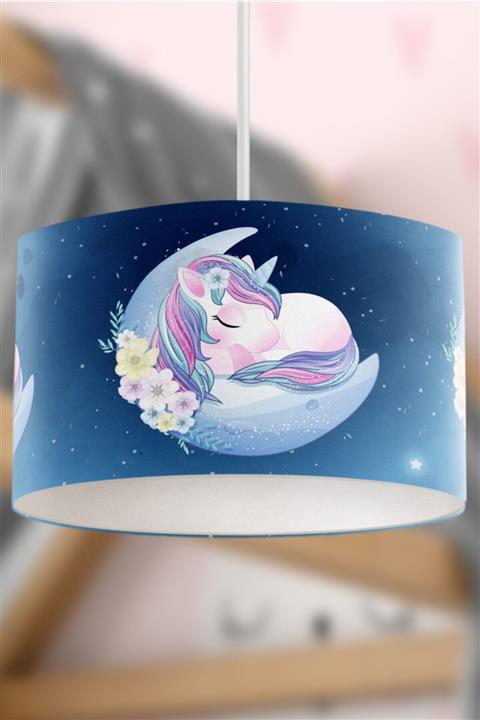 Rivaİstanbul Çiçekli Mavi Ay ve Sevimli Unicorn Çocuk Sarkıt Avize