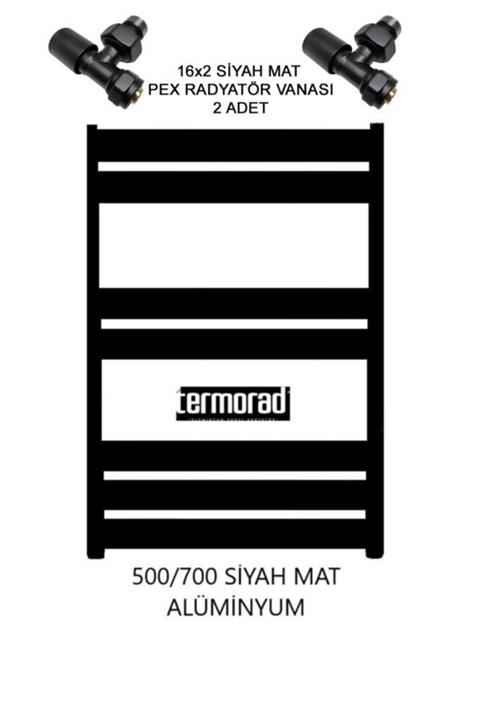 ULUMAK Mat Siyah Alüminyum Havlupan 50*70 Cm Termorad Petsa Slim +2 Adet 16x2 Pex Radyatör Havlupan Vanası