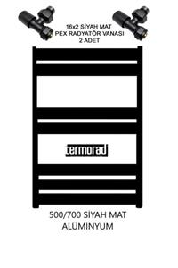ULUMAK Mat Siyah Alüminyum Havlupan 50*70 Cm Termorad Petsa Slim +2 Adet 16x2 Pex Radyatör Havlupan Vanası