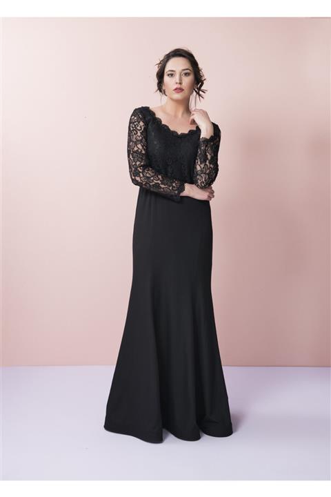 Even Plus Size  Büyük Beden Kadın Giyim Kadın Siyah Dantel Detaylı Büyük Beden Abiye Elbise