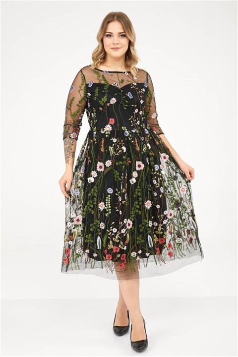 Seamoda Nakış Işlemeli Tül Elbise Siyah