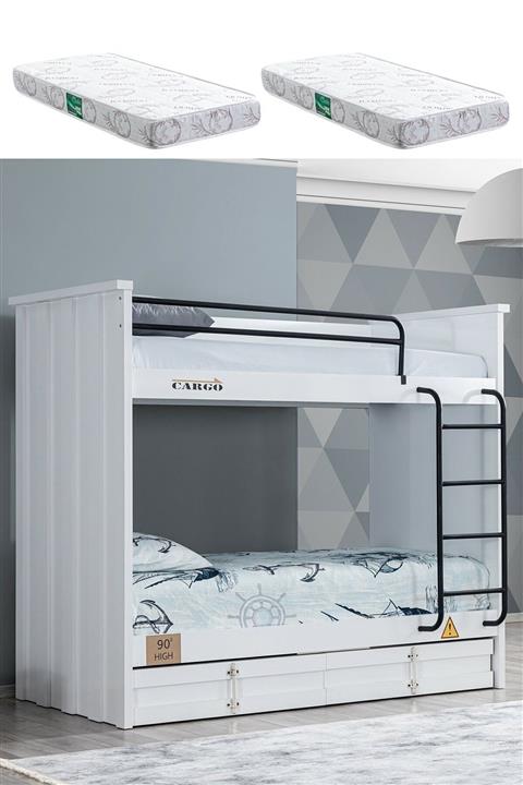 Setay Ranza, Konteyner Çekmeceli Ranza - Beyaz + 2 Adet Comfort Ortopedik Yatak