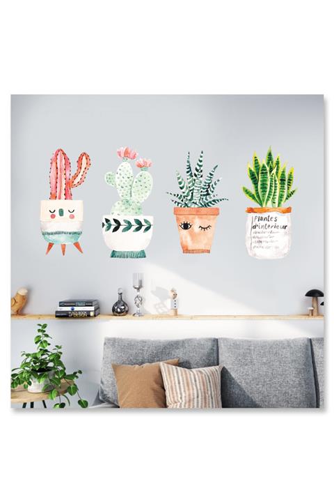 Sticker Sepetim Kaktüsler Gülen Saksılarda Dekoratif Duvar Sticker Set