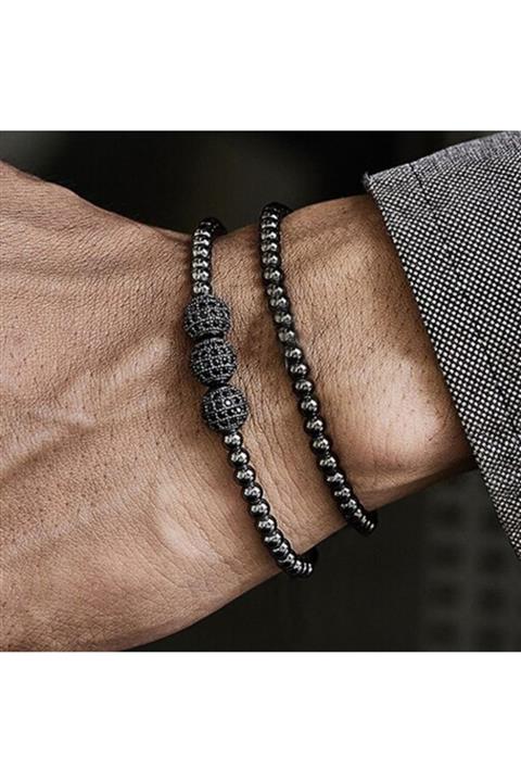 Zuk Collection Hematit Taşı Ikili Set Erkek Doğal Taş Bileklik Ahşap Hediye Kutulu