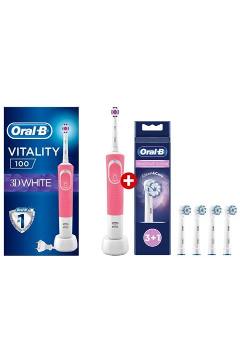 OralB Vitality Pembe D100 3d White Şarjlı Diş Fırçası + Oral- B Sensitive Clean 3+1 Yedek Başlık