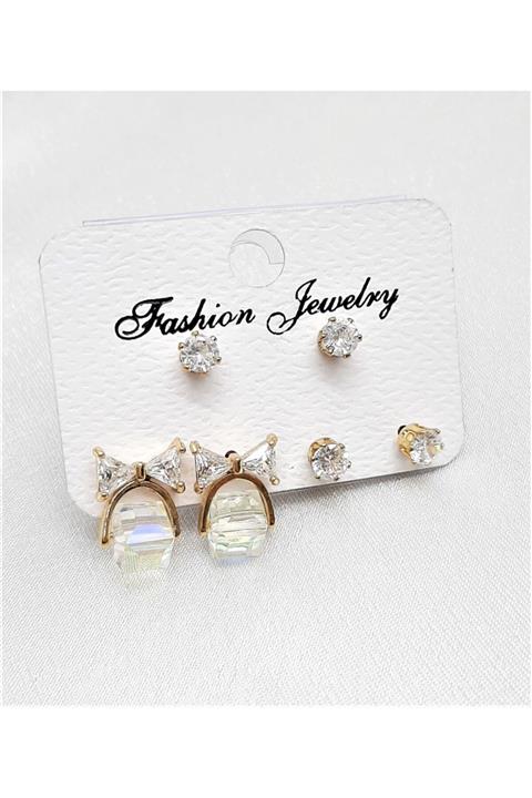 TÜKKAN ACCESSORİES Vip Seri Çoklu Küpe Gold Kaplama Zirkon Taş Baykuş Figür