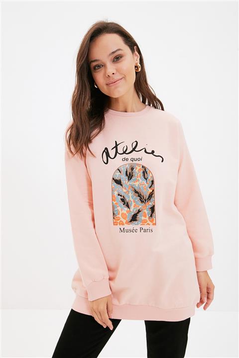 Trendyol Modest Pudra Bisiklet Yaka Baskılı İçi Tüylü Örme Sweatshirt TCTAW22TW0160