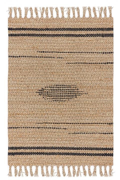 Else Halı Else Kahve Siyah Çizgili Jüt Hasır Görünümlü Desenli Yıkanabilir Püsküllü Kilim
