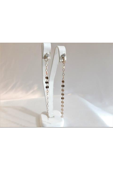 TÜKKAN ACCESSORİES Kadın Gold Kaplama Pul Zincir Zirkon Taşlı Uzun Küpe