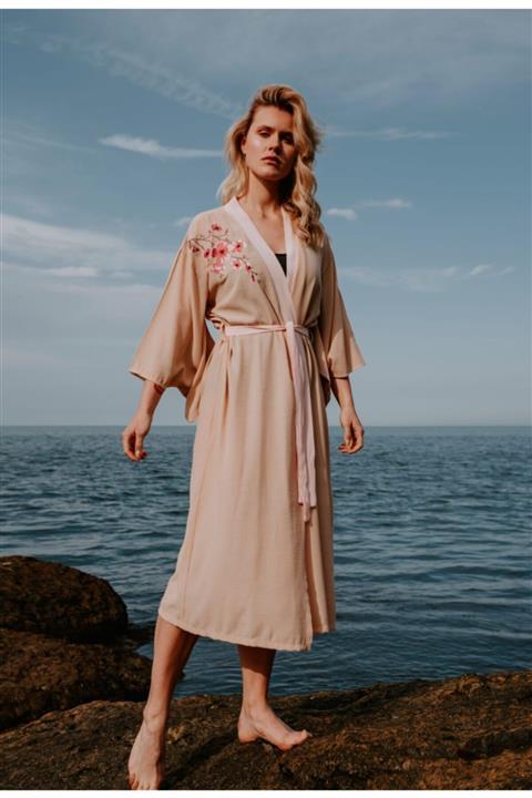 Masuwerte Özel Tasarım Kadın Uzun Kimono Sabahlık Sakura Çiçeği Nakışlı Bej