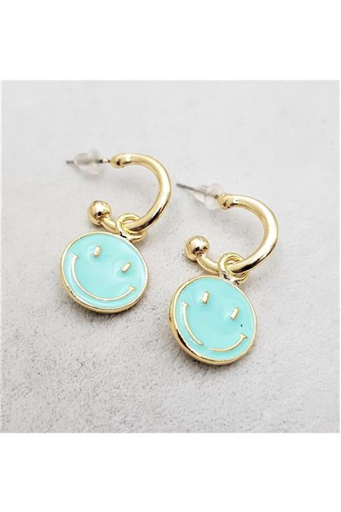 TÜKKAN ACCESSORİES Turkuaz Mineli Gülen Surat Arkası Açık Halka Küpe