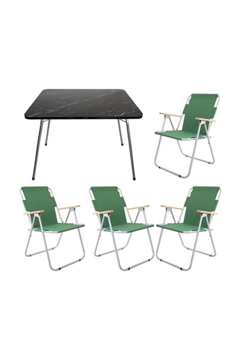 Bofigo 60x80 Granit Katlanır Masa + 4 Adet Katlanır Yeşil Sandalye Kamp Seti Bahçe Balkon Takımı