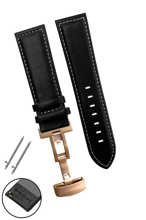 Fossil Saat Uyumlu 20mm Siyah Renk Beyaz Dikişli Rosegold Klipsli Deri Saat Kordonu Kayışı