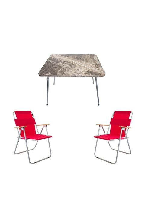 Bofigo 60x80 Mermer Katlanır Masa + 2 Adet Katlanır Sandalye Kamp Seti Bahçe Balkon Takımı Kırmızı