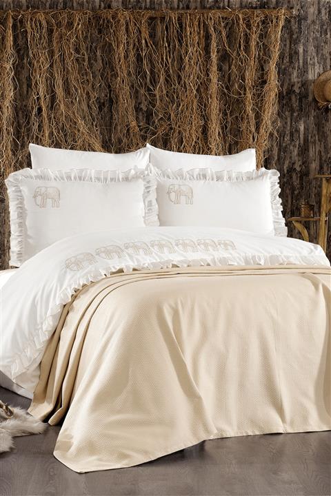 Minelya Home Collection 7 Parça Pike Yatak Örtülü Fil Desenli Pamuk Amazon Fırfırlı Bej Nevresim Takımı