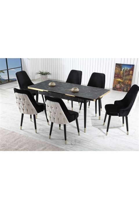Ervo Merry Siyah-krem Salon Mutfak Yemek Masa Takımı 6 Sandalyeli (gold Detay)