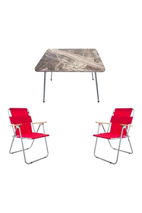 Marketonya Mermer Desenli Katlanır Masa Ve 2 Adet Katlanır Sandalye Kamp Seti Bahçe Balkon Takımı Kırmızı