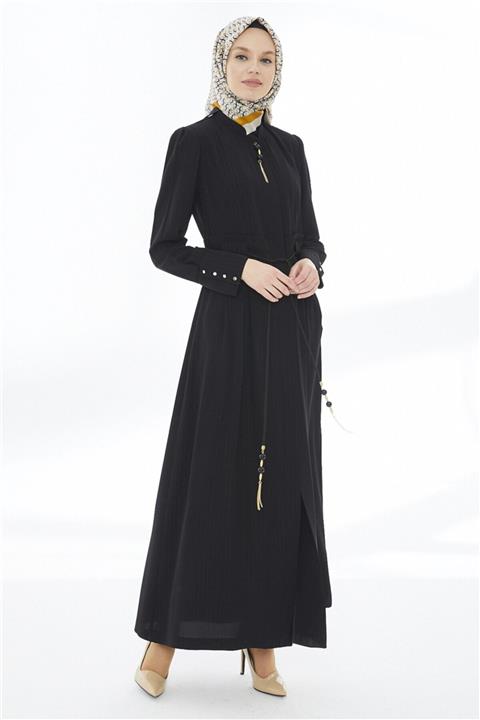 Zühre Kadın Siyah Pileli Kuşak Detaylı Elbise 11021