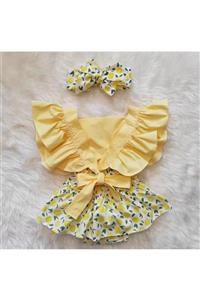 AKİF GİYİM Kız Bebek Limon Desenli Fırfır Salopet & Bandana Set