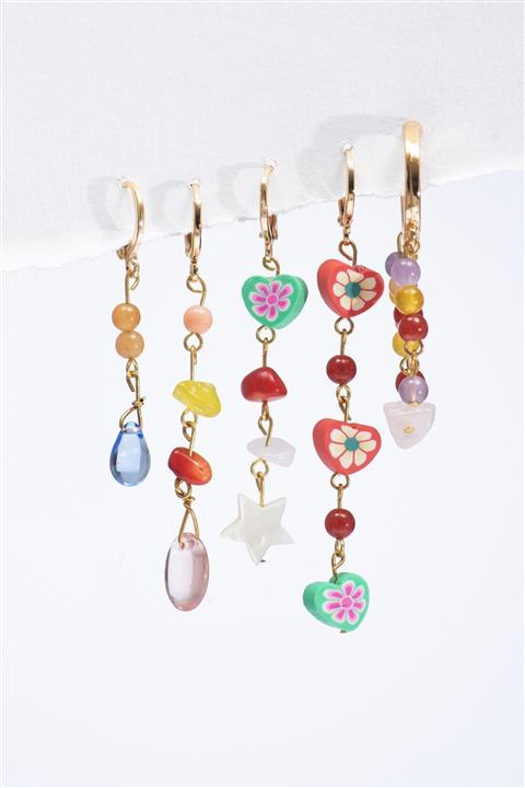 New Obsessions 18 K Altın Kaplama 5'li Renkli Design El Yapımı Boho Küpe Seti