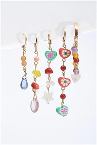 New Obsessions 18 K Altın Kaplama 5'li Renkli Design El Yapımı Boho Küpe Seti