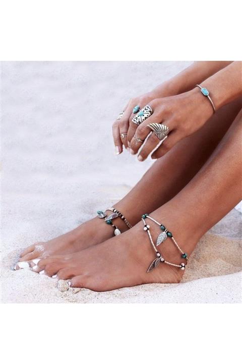 Fenomenya El Yapımı Gümüş Renk 2 Parça Bohem Halhal Seti Sağ Ayak Iama