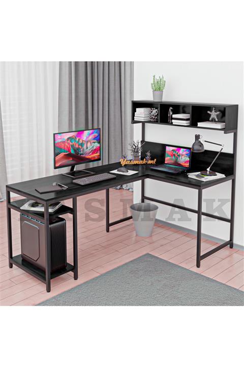 HomeOfis Siyah Yüksek Raflı L Ofis Ve Çalışma Masası
