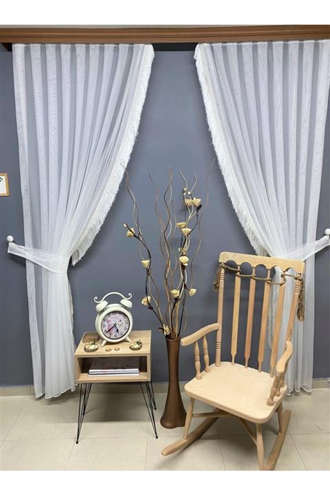 Doğruyol Home Tül Fon Perde Kanat Grek Zemin Saçaklı 2 Adet Sık Pile-ekru