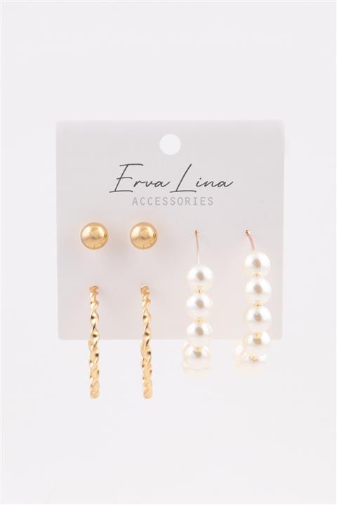 Ervalina Suni Inci Figürlü 3 Çift Tasarım Kombin Küpe Set