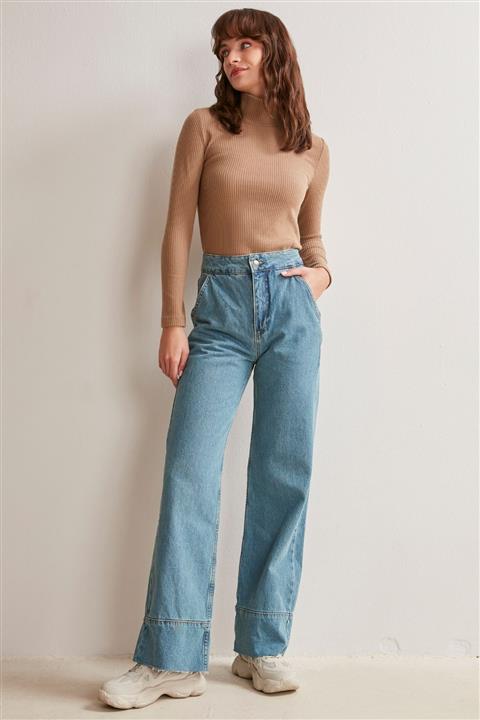 Jimmy Key Kadın Mavi Denim Yüksek Bel Bol Paça Jean Kot Pantolon