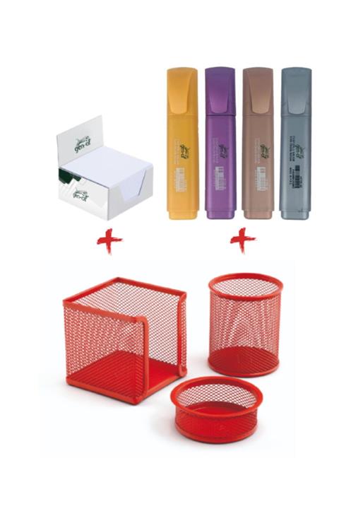 GenOf Mas Perfore Masaüstü Set 3 Lü + Metalik Fosforlu Kalem + Küpnot Kırmızı