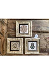 Oscar Stone Decor Çerçeveli Taş Tablo 20x20 Cm 3 Lü Set Yaşam Çiçeği Hayat Ağacı Fatma Ana