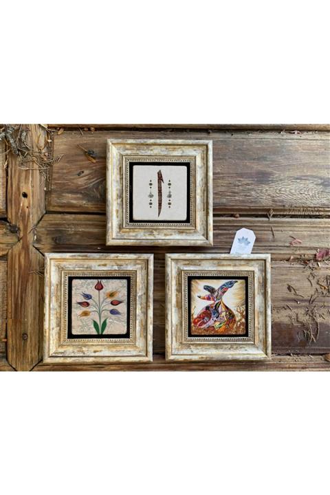 Oscar Stone Decor Çerçeveli Taş Duvar Dekoru  Semazen Elif Ebruli Çiçek 20 X 20 cm 3'lü