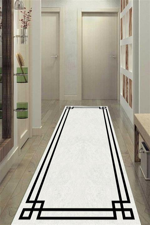 Adella Home Adella Dijital Baskılı Kaymaz Taban Yıkanabilir Siyah Çizgili Beyaz Yolluk Ve Salon Halısı