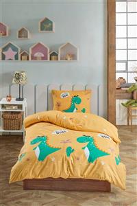 Enlora Home %100 Doğal Pamuk Nevresim Seti Tek Kişilik Kids Little Dino Sarı