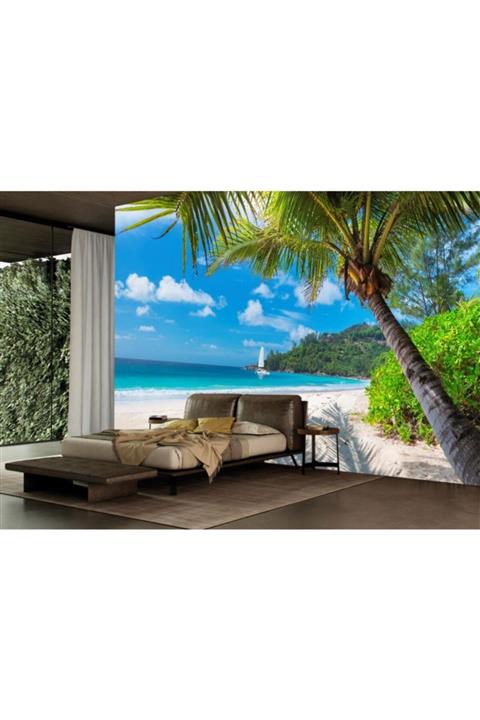 Renkli Duvarlar Palmiye Deniz Kum 3d Boyutlu Duvar Kağıdı