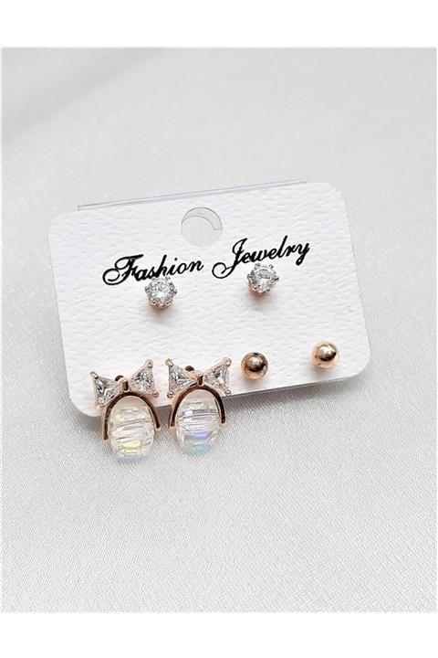TÜKKAN ACCESSORİES Vip Seri Çoklu Küpe Rose Kaplama Zirkon Taş Baykuş Figür