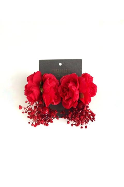 Tubafabric Kırmızı Kurumuş Çiçekli Gelin Küpe