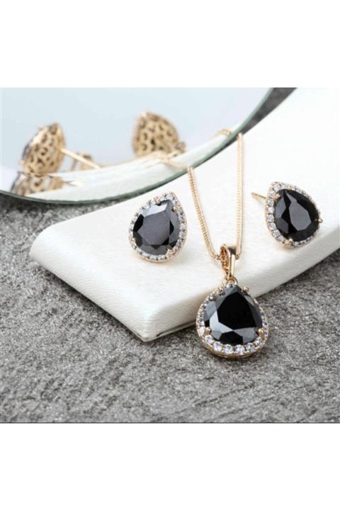 Affan Bijuteri Yakut Model Siyah Zirkon Taş Kolye Ve Küpe