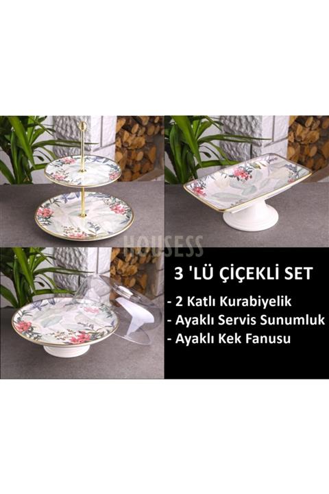 Housess 3 Parça Seramik Servis Sunum Seti Ayaklı Çikolata Tabağı Katlı Kurabiyelik Kek Fanusu