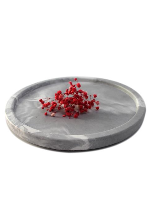 mağazacım Yuvarlak Desenli Beton Sunum Tepsisi Dekoratif Süs Tepsisi, El Yapımı Beton Tepsi