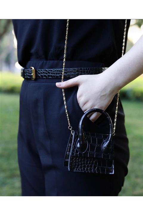 LİA KEMER Siyah Kroko Desenli Zincir Aksesuarlı Mini Bel Çantalı Kemer
