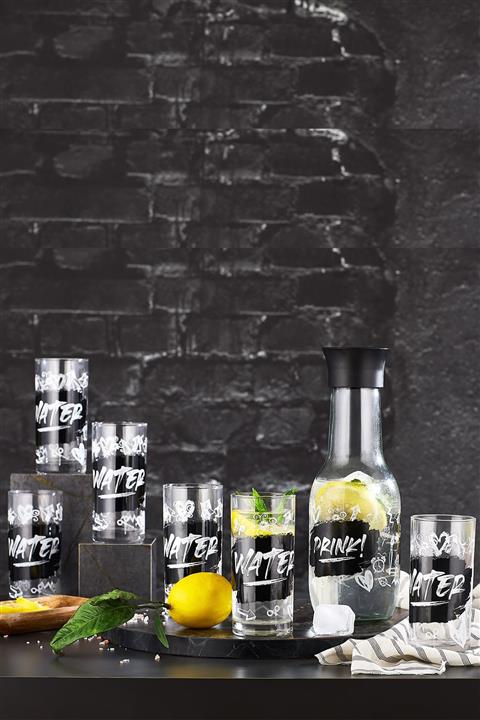 Hane 7 Parça Karaf Bardaklı Drink Desenli Cam Su Şişesi Seti 1000cc Water Desenli Bardak 290cc