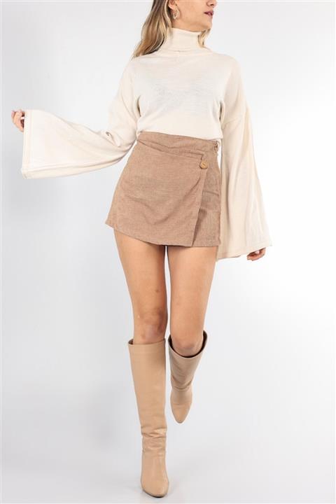 HD Moda Camel Bisküvi Kadife Fitilli Şort Etek