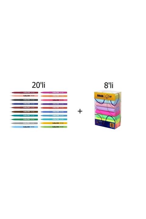 artline 200 Fineliner 0.4 Mm Ince Uçlu Yazı Ve Çizim Kalemi 20 Renk Set + Silka Pastel Silgi 8'li
