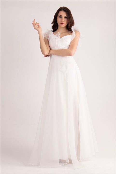 belamore Ekru Volanlı Bacak Dekolteli Dalya Kumaş Abiye Elbise 13015499