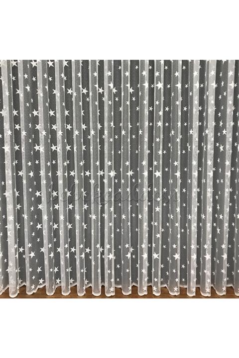 Bebekcaddesi Yıldız Desenli Ekru Çocuk Odası Tül Perdesi (sık Pile)