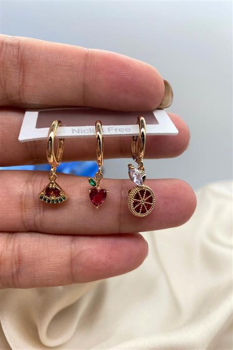 Madame Daisy Bijuteri Kırmızı Taşlı 3'lü Set Küpe Ithal