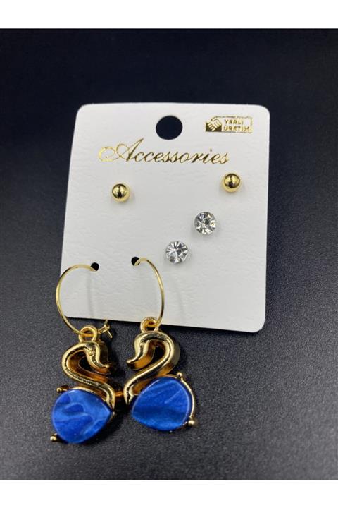 ESTA BİJUTERİ Mavi Ördek Figürlü Gold Küpe